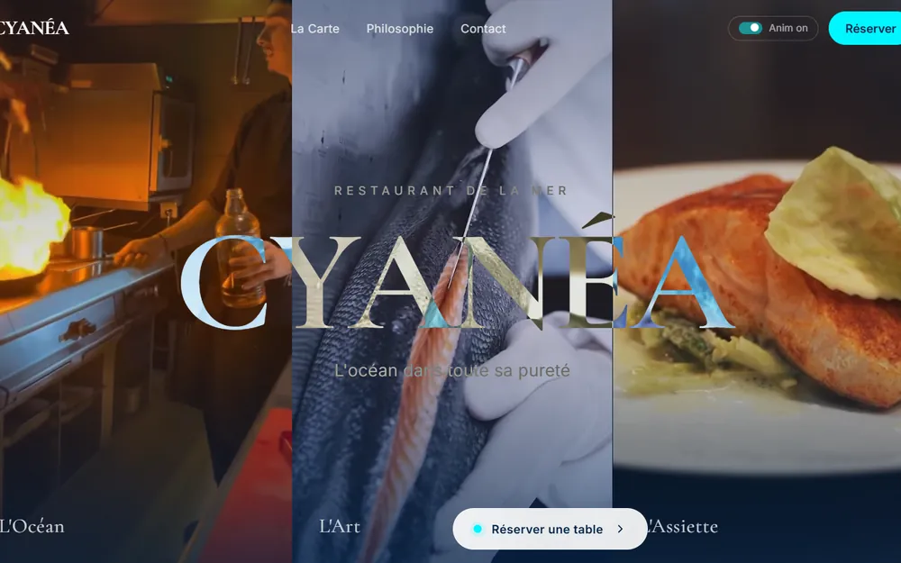 Site du restaurant Cyanéa : hero en trois vidéos, titre CYANÉA superposé, bouton de réservation.