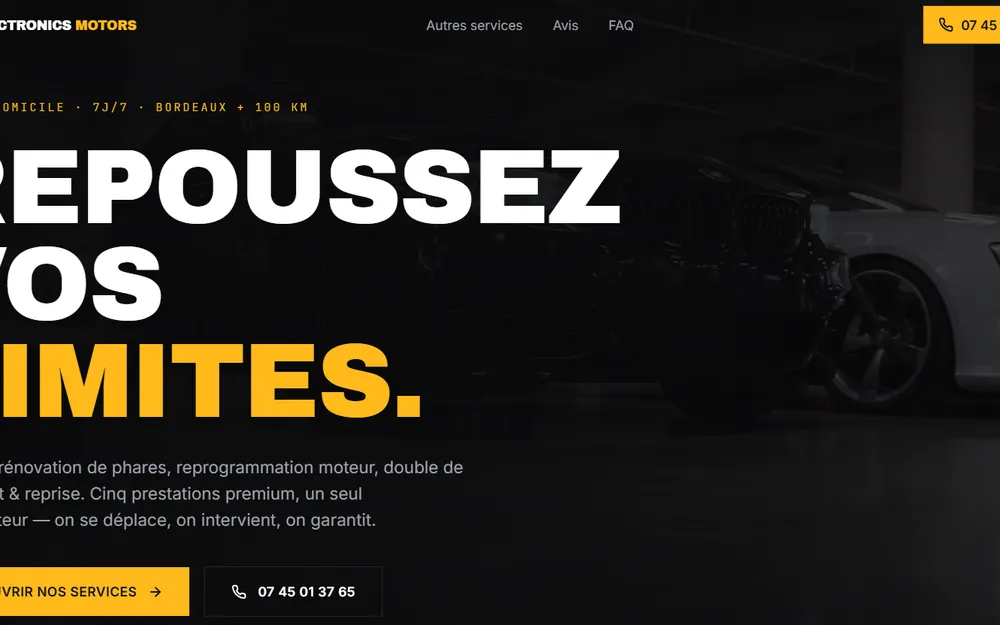 Site Electronics Motors : titre Repoussez vos limites en jaune sur fond sombre, cinq prestations automobiles, numéro de téléphone en évidence.